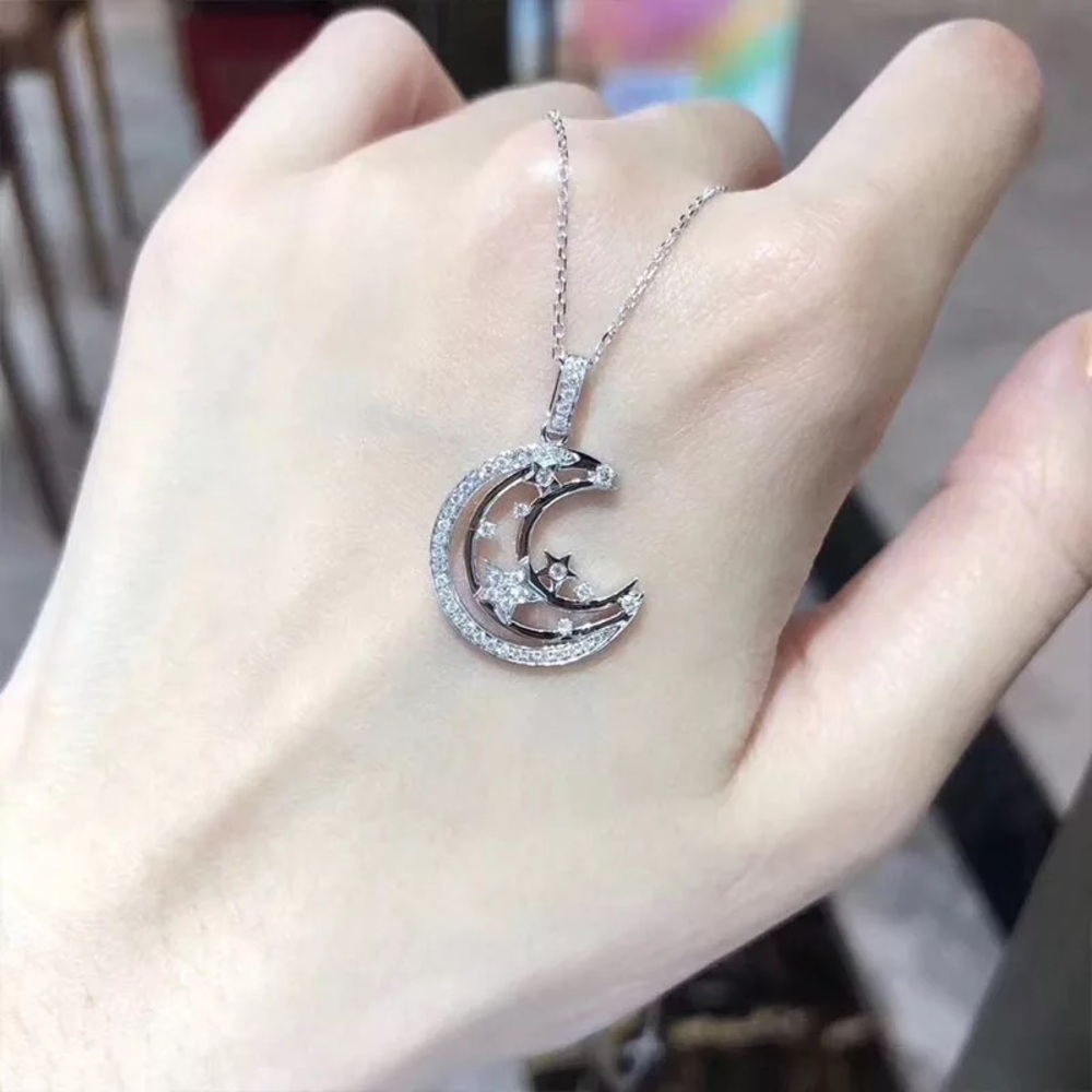 New Unisex 925 Silver Double Moon Sweet Diamond Necklace - Picture 2 of 6